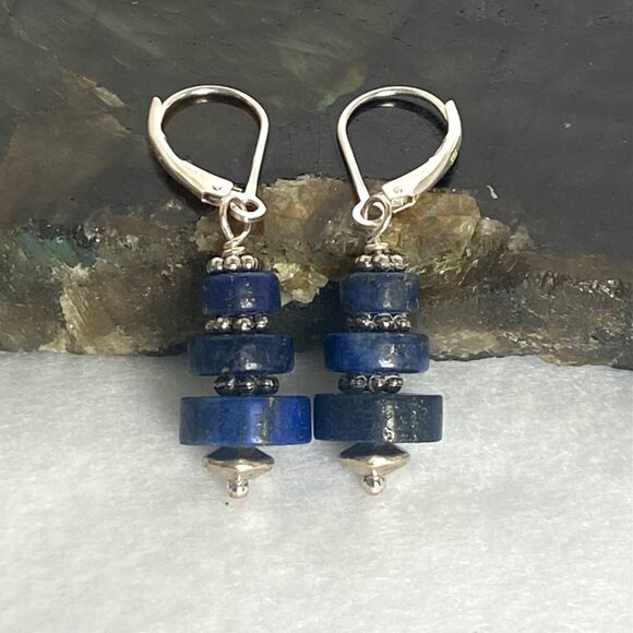 Sterling Silver 925 Round Lapis Beaded Dangle Drop Leverback Earrings - Picture 1 of 16